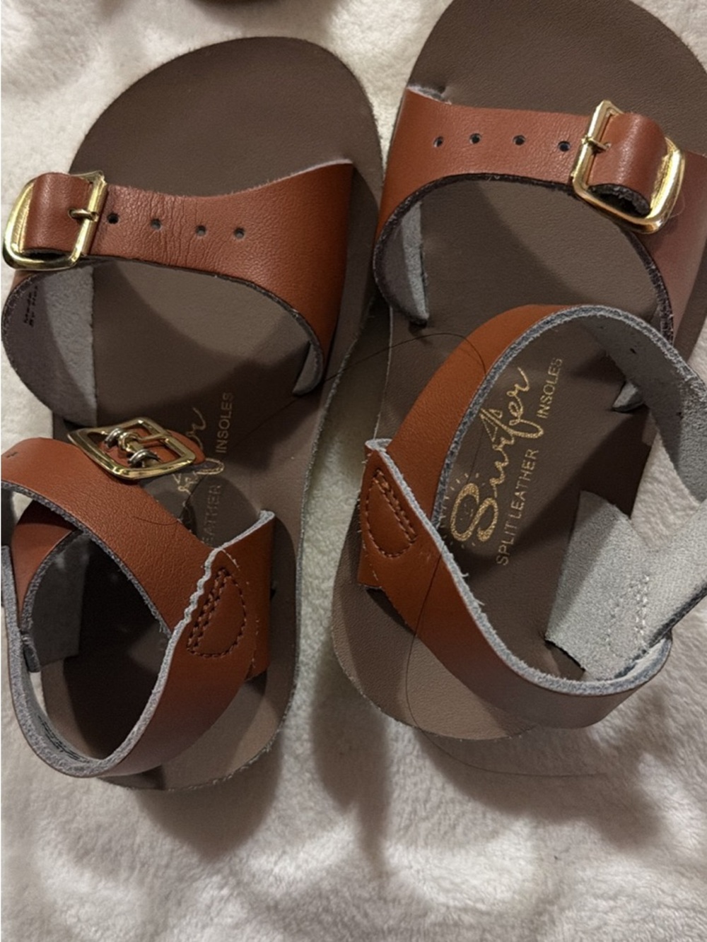 Kids Tan Leather Buckle Sandals with Gold Hardware